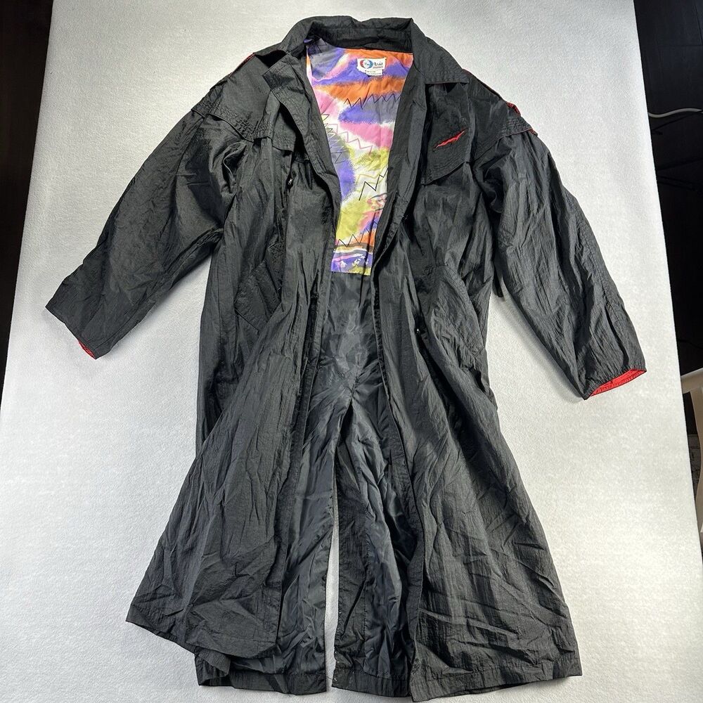 Vintage Pan Asia 100% Nylon 80s Crinkle Swoosh Tench Coat Black‎ Size 9/10 (M/L)